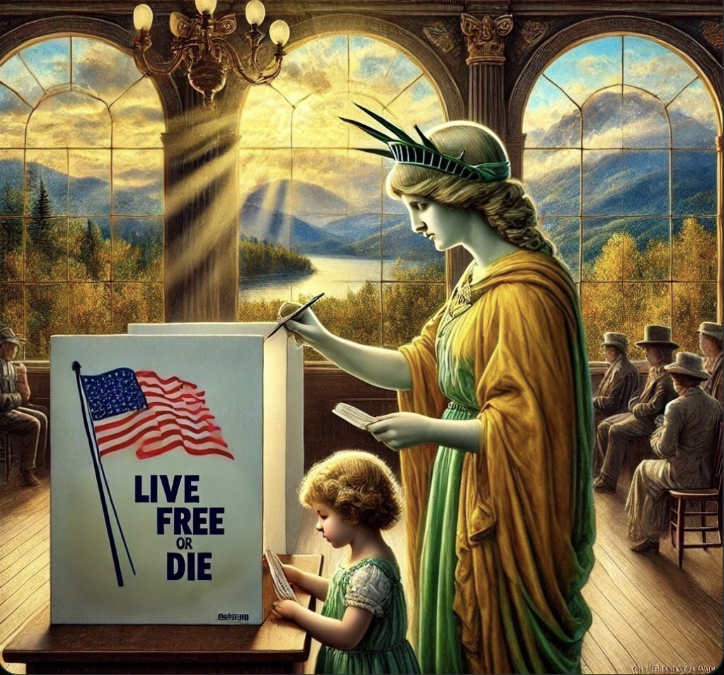 AI-generated art in the style of an old painting, depicting Lady Liberty (a woman in the Statue of Liberty's garb) with a young girl of perhaps 4 or 5  beside her, standing in a room in front of a voting station with an American flag on it and the words "LIVE FREE OR DIE", and evidently in the process of voting. Other people are seated in the background, and the sun shines through tall, arched windows, out of which can be seen a beautiful landscape of mountains, forests, and a broad river or lake.